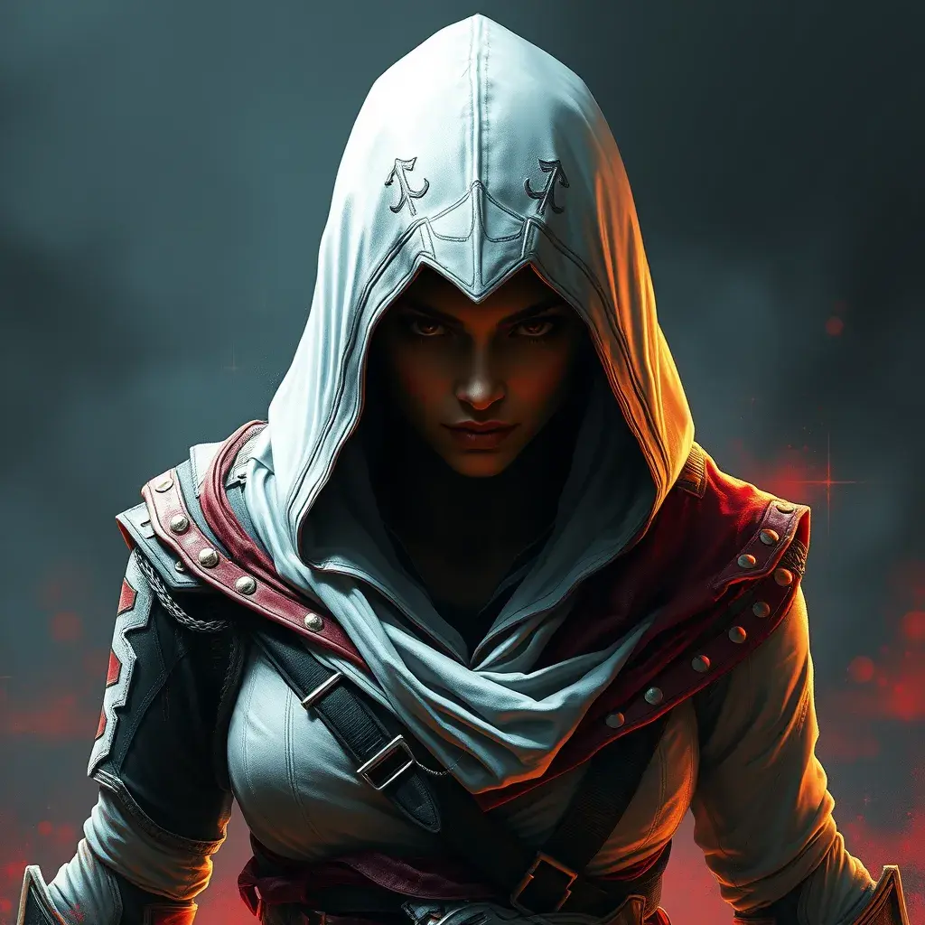 White hooded female assassin from Assassin's Creed, Highly Detailed, Unreal Engine, Volumetric Lighting, Vibrant Colors, Ink Art, Fantasy, Dark by Peter Mohrbacher