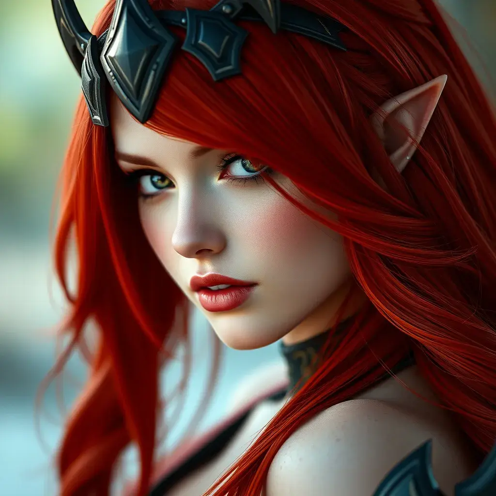 Alluring matte portrait of a beautiful red haired Katarina from League of Legends, Highly Detailed, Full Body, Bokeh effect, Photo Realistic, Sharp Focus by Stefan Kostic