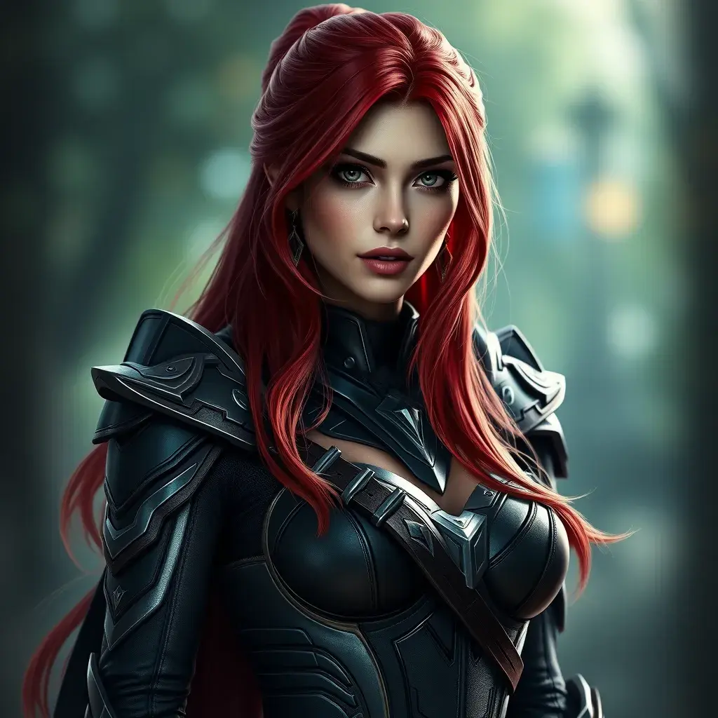 Alluring matte portrait of a beautiful Katarina from League of Legends in her battle suit, Highly Detailed, Full Body, Bokeh effect, Photo Realistic, Sharp Focus by Stefan Kostic