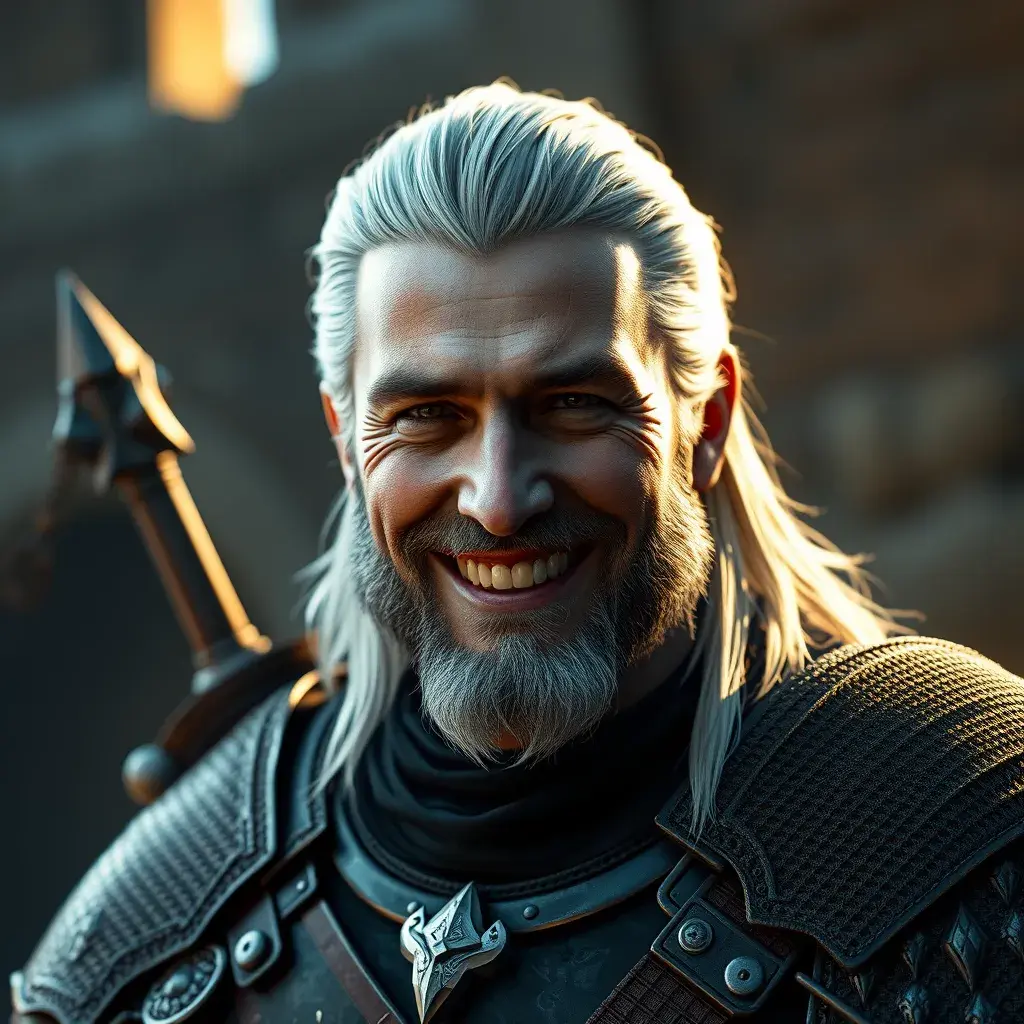 A half body matte portrait of a happy Geralt in The Witcher 3 style armor, 4k, Highly Detailed, Beautiful, Cinematic Lighting, Sharp Focus, Volumetric Lighting, Closeup Portrait, Concept Art by Stefan Kostic