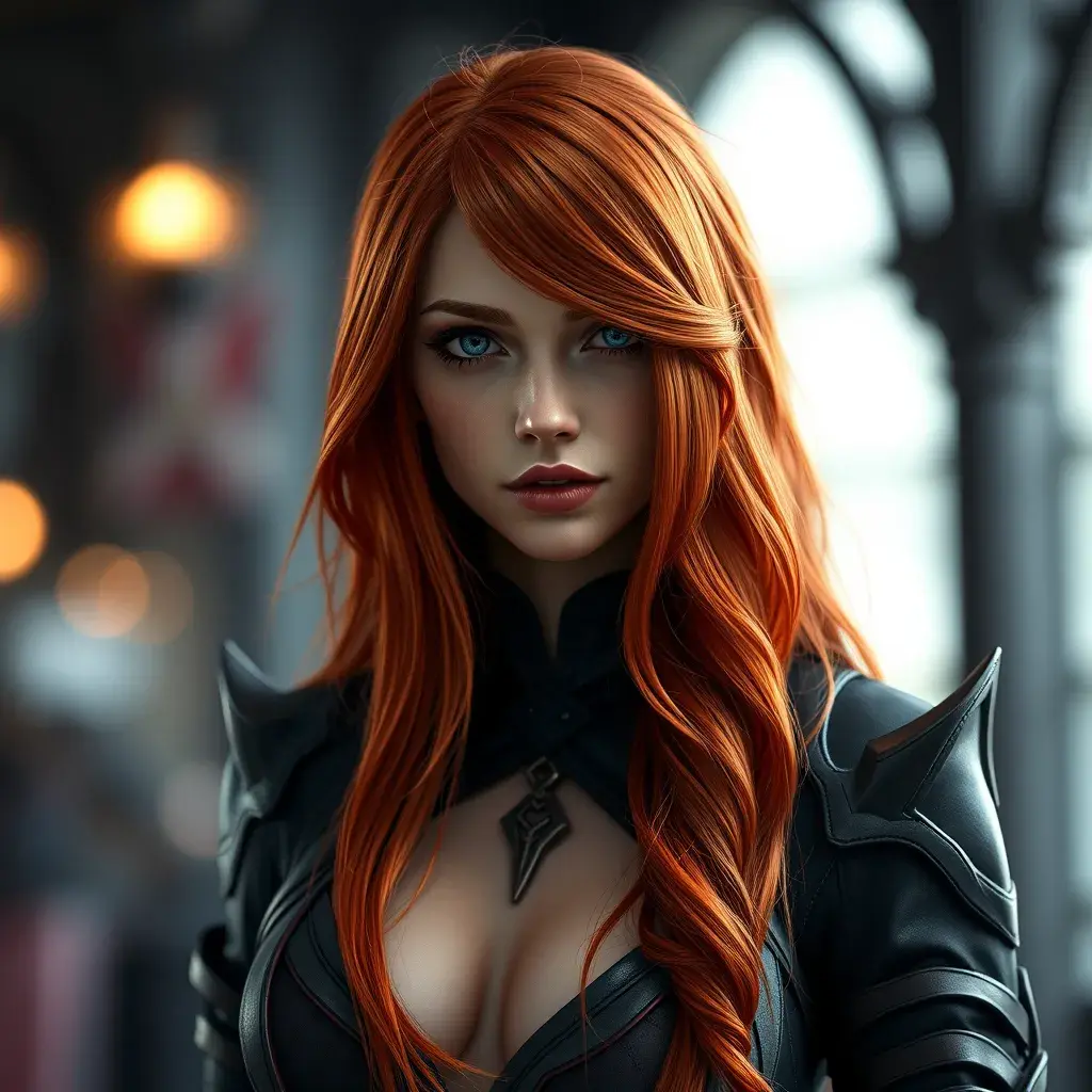 Alluring matte portrait of a beautiful red haired Katarina from League of Legends, Highly Detailed, Full Body, Bokeh effect, Photo Realistic, Sharp Focus by Stefan Kostic