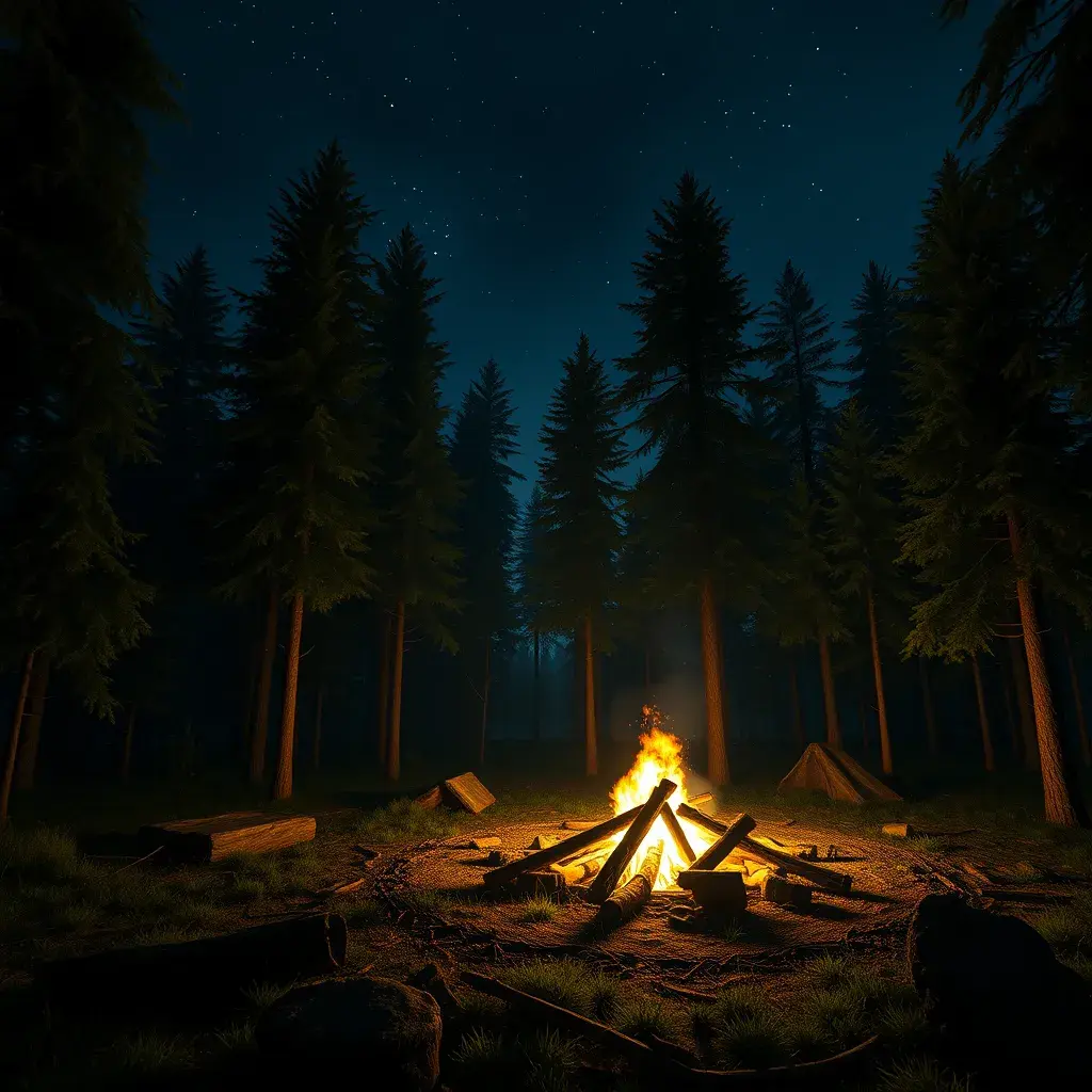 A highly detailed matte painting of a camp fire in the forest at night in the style of Firewatch, 4k resolution, Masterpiece, Trending on Artstation, Volumetric Lighting