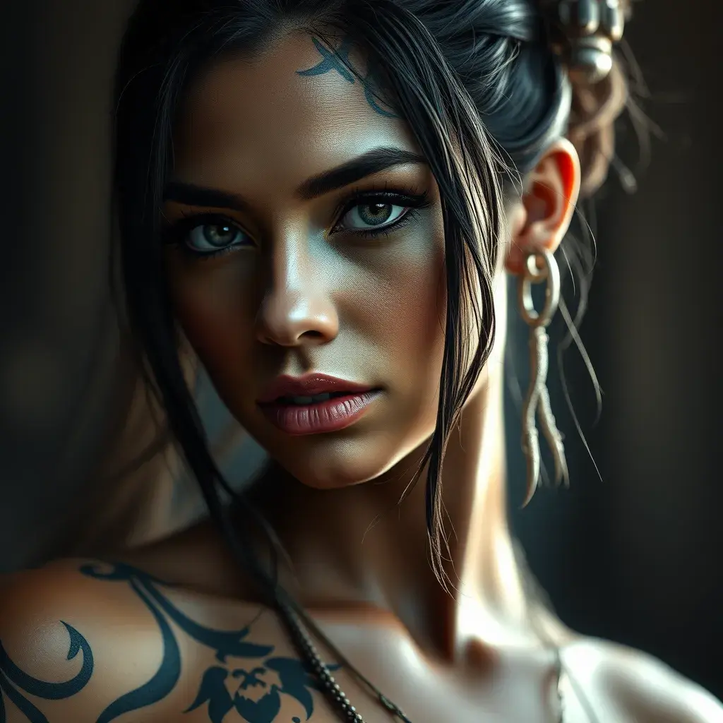 Matte portrait of Nidalee with tattoos, Highly Detailed, Alluring, Bokeh effect, Photo Realistic, Sharp Focus, Volumetric Lighting