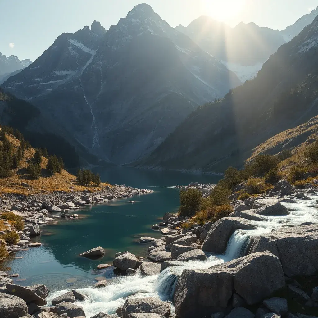 Lake in mountains streams and rivers flow down slopes of mountains and rocks into the valley spring in mountains, 8k, Award-Winning, Highly Detailed, Beautiful, Octane Render, Unreal Engine, Radiant, Volumetric Lighting by Greg Rutkowski