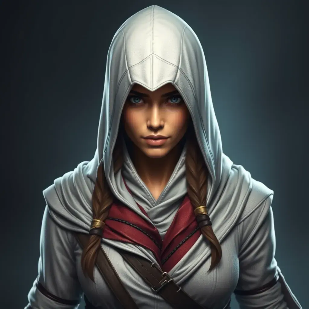 A beautiful Kassandra in a white hooded Assassin's Creed style, Highly Detailed, Half Body, Sharp Focus, Volumetric Lighting