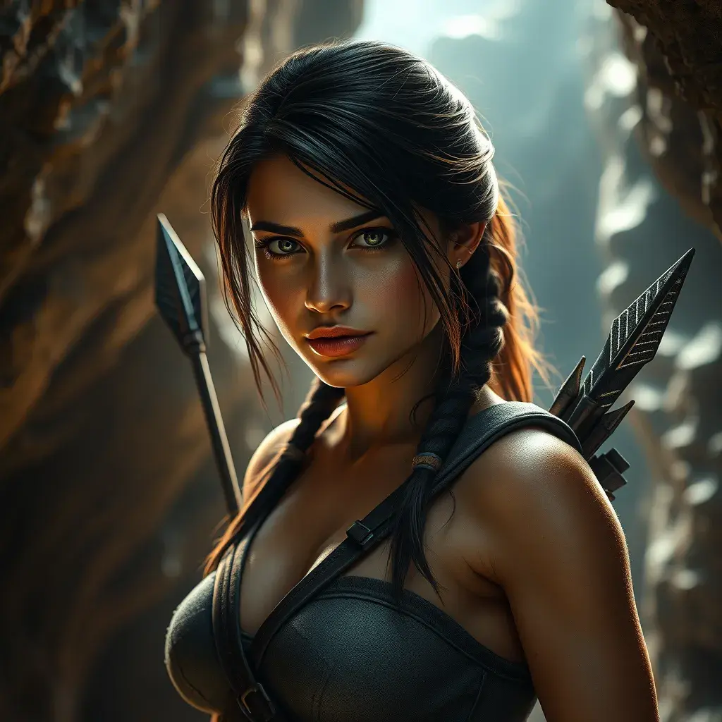 Matte portrait of a beautiful Lara Croft in a cave with arrows, 8k, Highly Detailed, Intricate, Realistic, Sharp Focus, Volumetric Lighting, Fantasy, Elegant by Stanley Artgerm Lau, WLOP