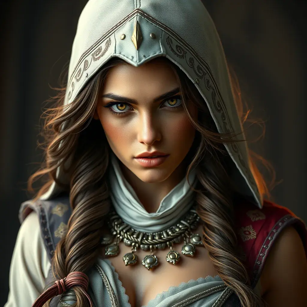 Alluring full body portrait of a beautiful Kassandra in Assassin Creed style, 8k, Highly Detailed, Intricate, Photo Realistic, Sharp Focus, Volumetric Lighting, Fantasy, Elegant