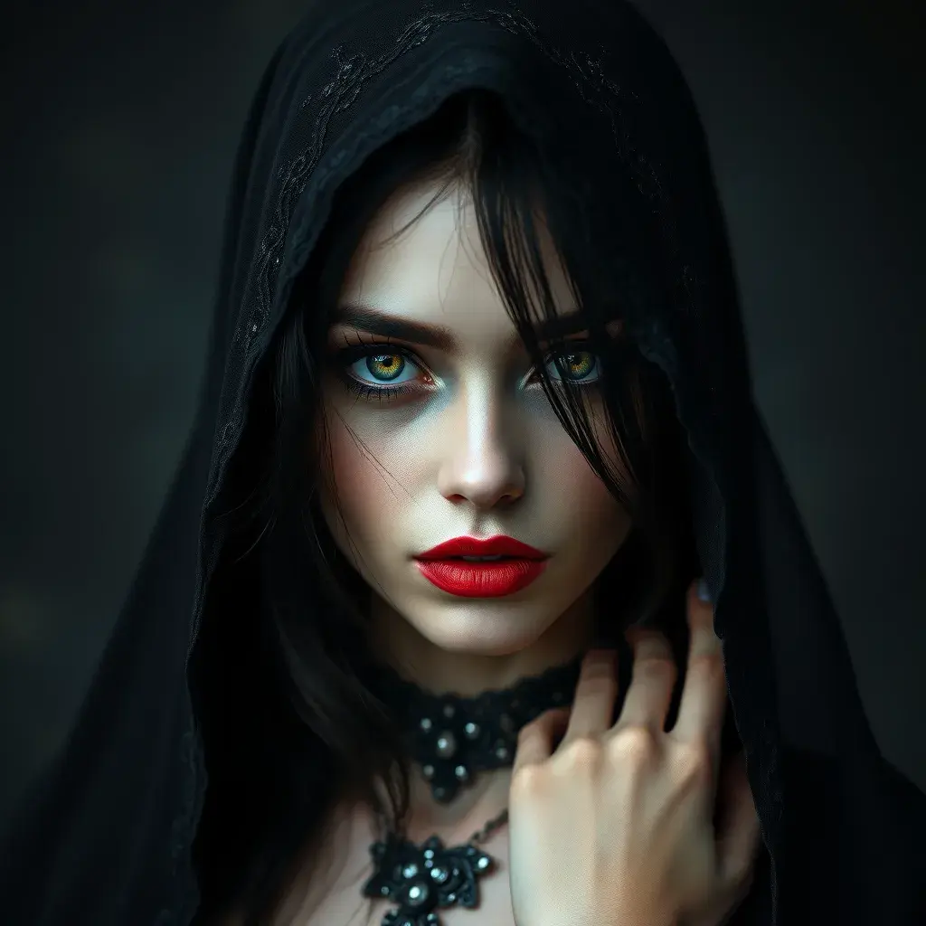 Alluring portrait of a beautiful raven black haired veiled vampire in the style of Stefan Kostic, 8k, High Definition, Highly Detailed, Intricate, Half Body, Realistic, Sharp Focus, Fantasy, Elegant