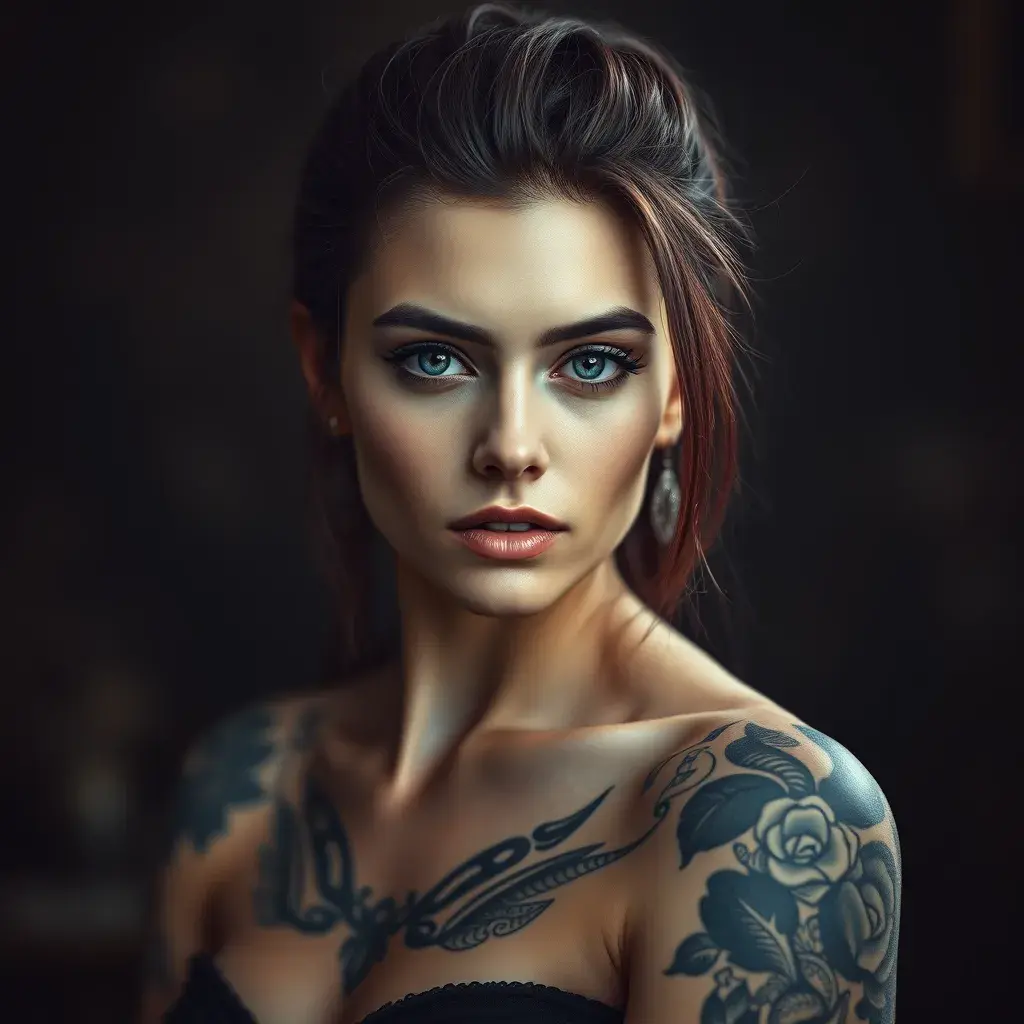 Matte portrait of Morgana with tattoos, Highly Detailed, Alluring, Bokeh effect, Photo Realistic, Sharp Focus, Volumetric Lighting