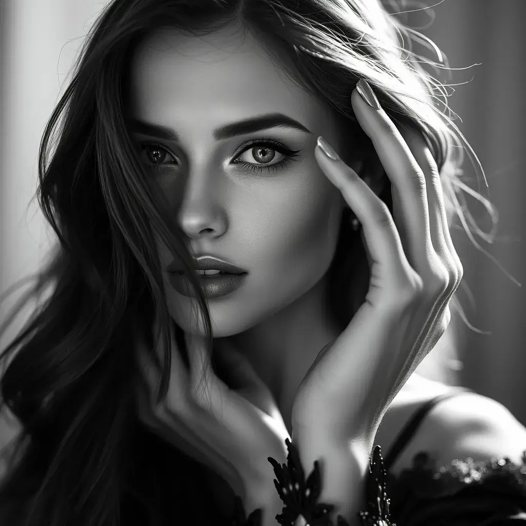 Alluring black and white portrait of a beautiful Nina Dobrev, 8k, Highly Detailed, Intricate, Half Body, Realistic, Sharp Focus, Volumetric Lighting, Fantasy, Elegant by Stanley Artgerm Lau