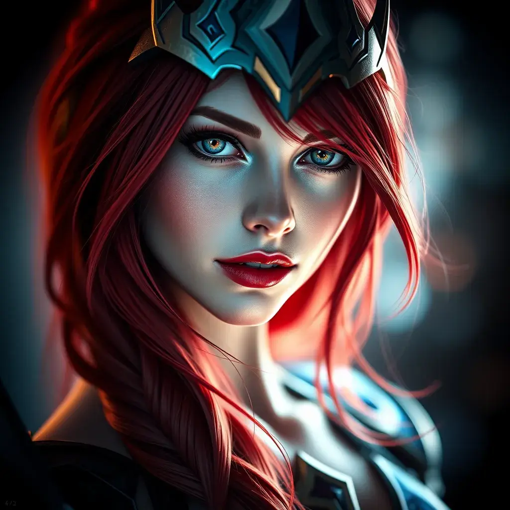 Alluring portrait of a beautiful red haired Katarina from League of Legends, Highly Detailed, Full Body, Bokeh effect, Photo Realistic, Sharp Focus by Stefan Kostic