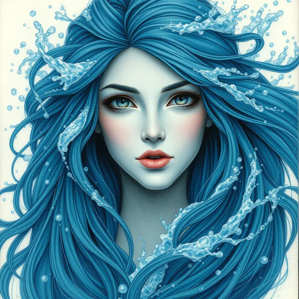 "magical ocean goddess", water, spray, waves, flowing hair, head and shoulders portrait, finely drawn eyes, 8k, Fantasy