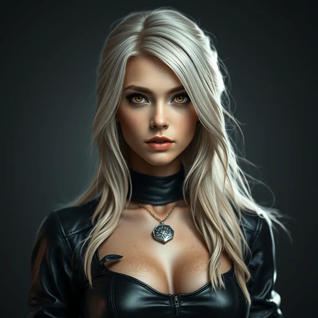 Alluring matte full body portrait of a beautiful Ciri wearing black leather, 8k, Highly Detailed, Intricate, Realistic, Sharp Focus, Volumetric Lighting, Fantasy, Elegant by Stanley Artgerm Lau, WLOP