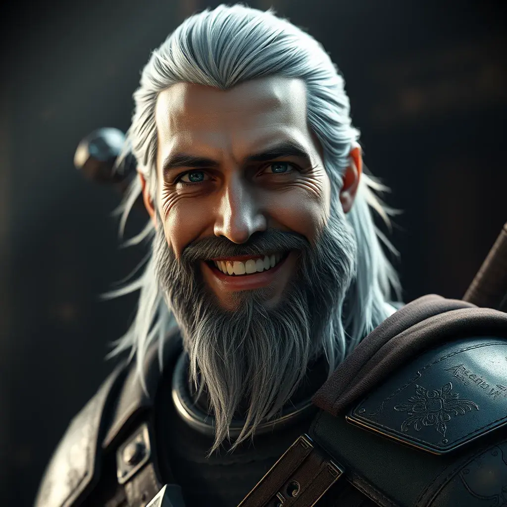 A half body matte portrait of a happy Geralt in The Witcher 3 style armor, 4k, Highly Detailed, Beautiful, Cinematic Lighting, Sharp Focus, Volumetric Lighting, Closeup Portrait, Concept Art by Stefan Kostic