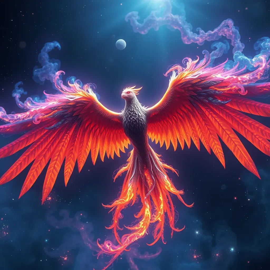 The Nebula Phoenix is a cosmic bird with wings that resemble swirling galaxies. Witness the physics of space and time as it flaps through the digital cosmos, Unreal Engine, Volumetric Lighting, Vibrant Colors