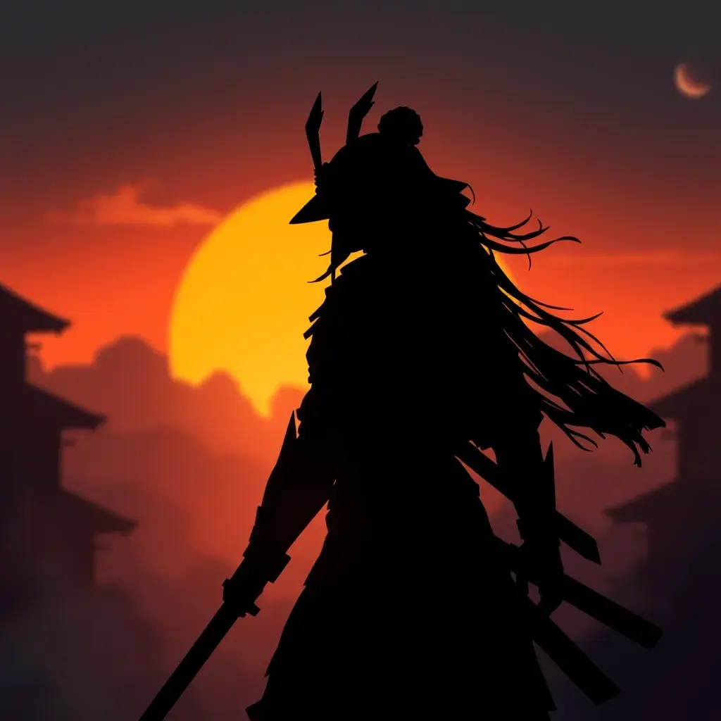 Silhouette of a samurai female assassin in the style of Fire watch, 8k, Dystopian, Trending on Artstation, Volumetric Lighting