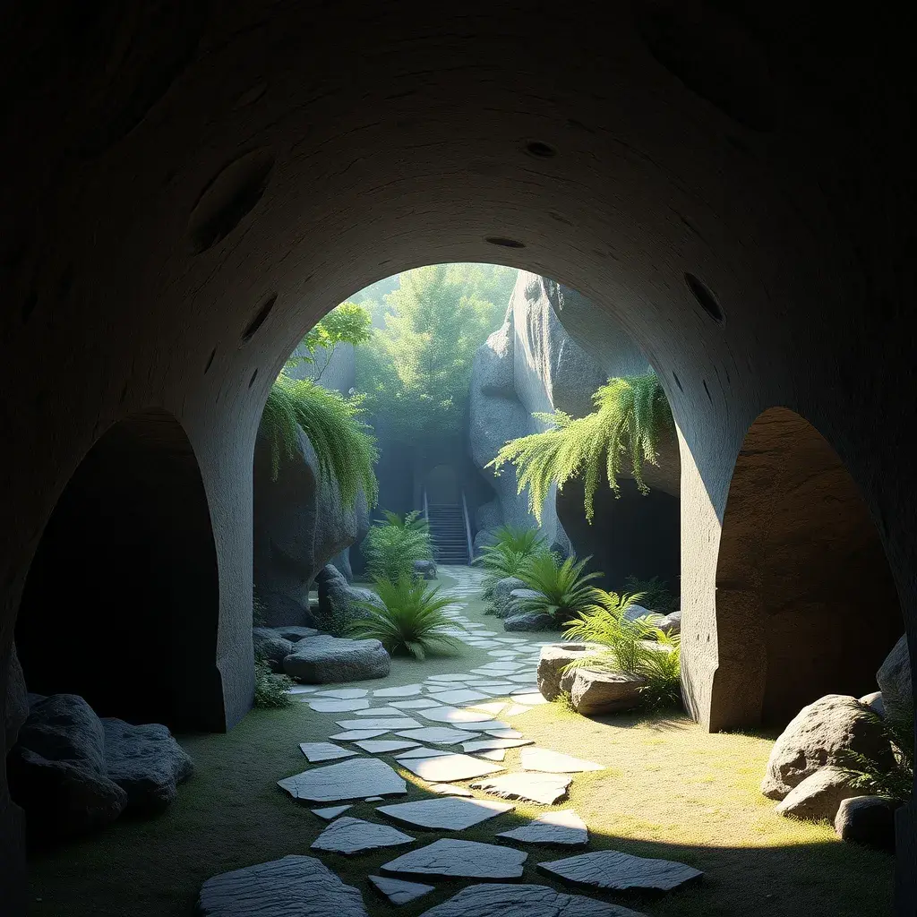 Arc hallway for secret overwatch habitation quarters carved inside a cave surrounding a lush garden, 8k, Trending on Artstation, Minimalism, Unimaginable Beauty, Sharp Focus, 3D Rendering, Unreal Engine, Natural Light, Concept Art, Naturalism