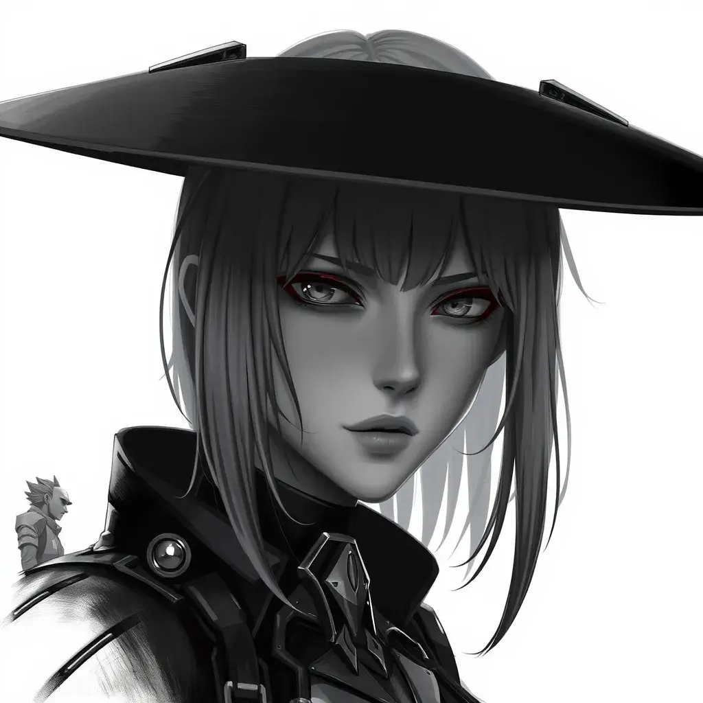 Black & White portrait of A2 from Nier Automata, Highly Detailed, Intricate, Artstation, Beautiful, Digital Painting, Sharp Focus, Concept Art, Elegant