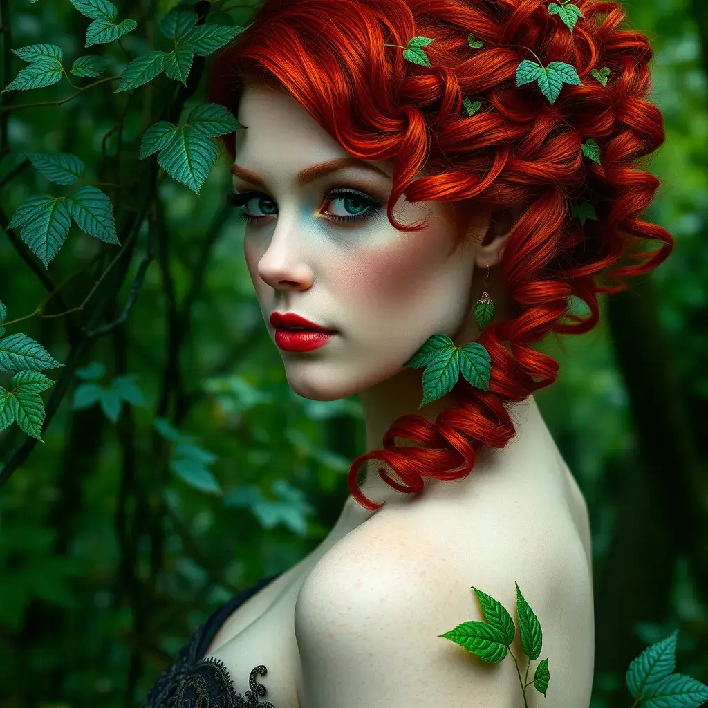 An beautiful red headed Poison Ivy in a magical green forest, Intricate, Half Body, Photo Realistic