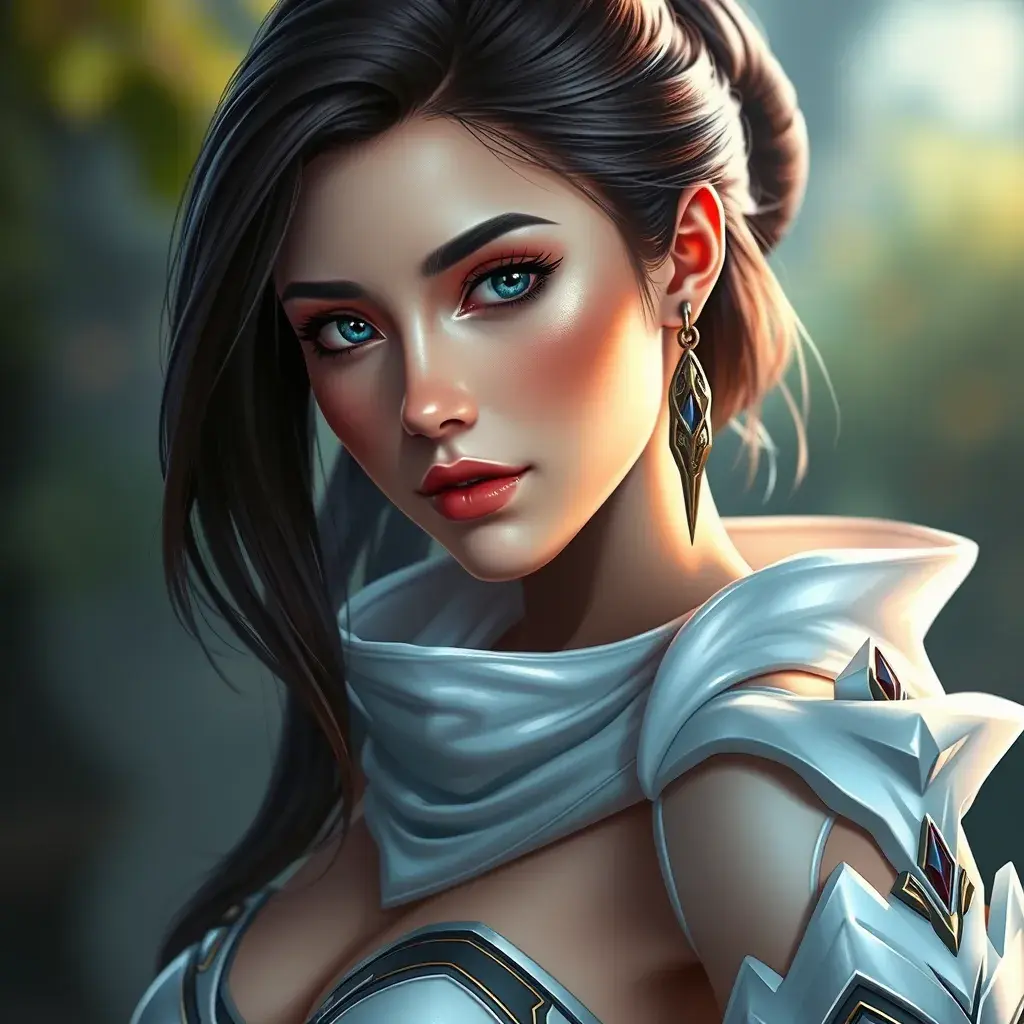 Alluring portrait of a beautiful Fiora from League of Legends in White, Highly Detailed, Half Body, Bokeh effect, Photo Realistic by Stefan Kostic