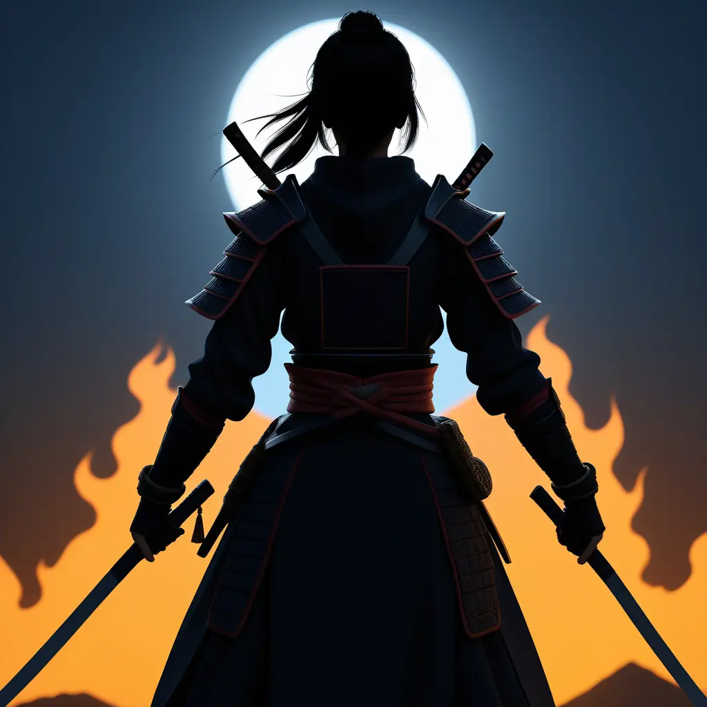 Silhouette of a samurai female assassin in the style of Fire watch, 8k, Dystopian, Trending on Artstation, Volumetric Lighting