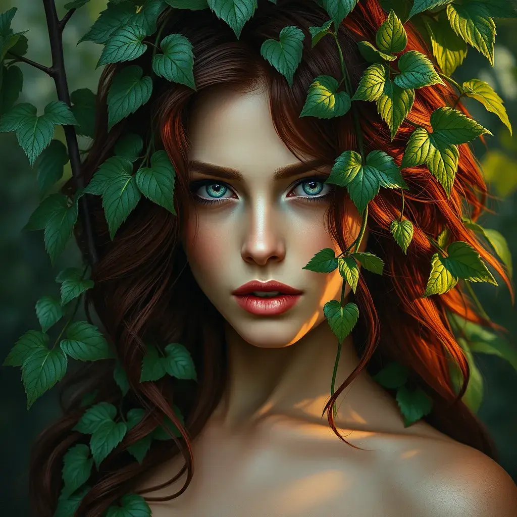 Alluring half body portrait of Poison Ivy in the style of Stefan Kostic, 8k, Highly Detailed, Intricate, Half Body, Matte Painting, Realistic, Sharp Focus, Fantasy by Greg Rutkowski