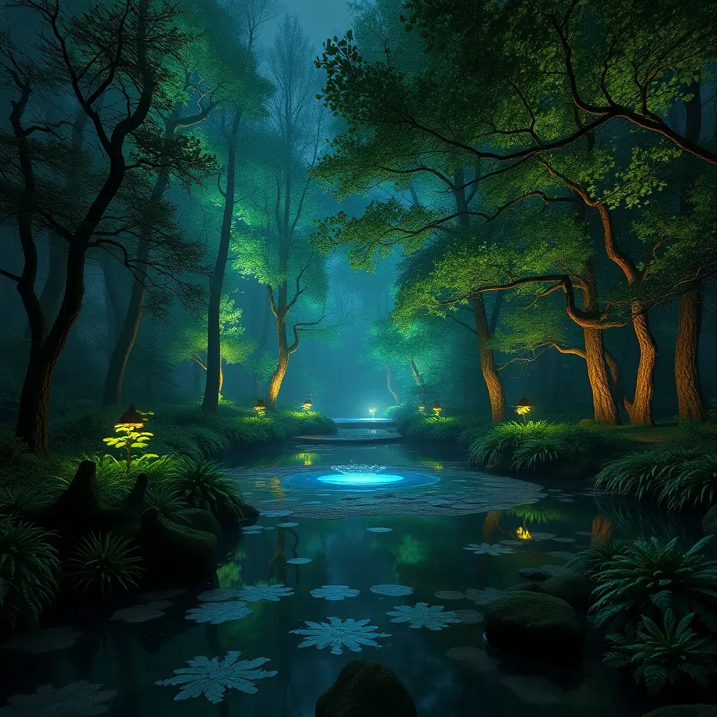 A magical pond in a fantasy forest with glowing green trees at night, 4k, HQ, Intricate, Artstation, Cinematic Lighting, Photo Realistic, Sharp Focus, Unreal Engine, Dark