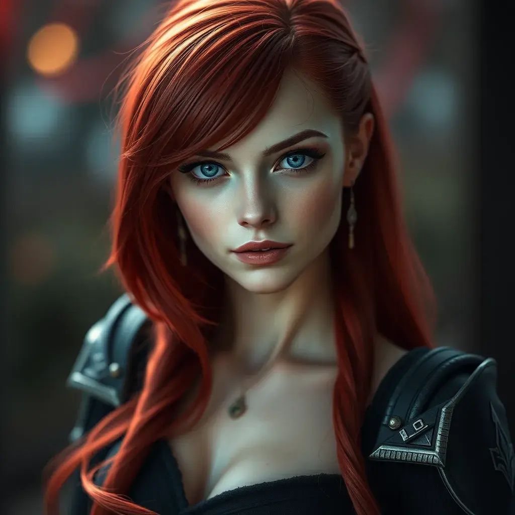 Alluring matte portrait of a beautiful red haired Katarina from League of Legends, Highly Detailed, Full Body, Bokeh effect, Photo Realistic, Sharp Focus by Stefan Kostic