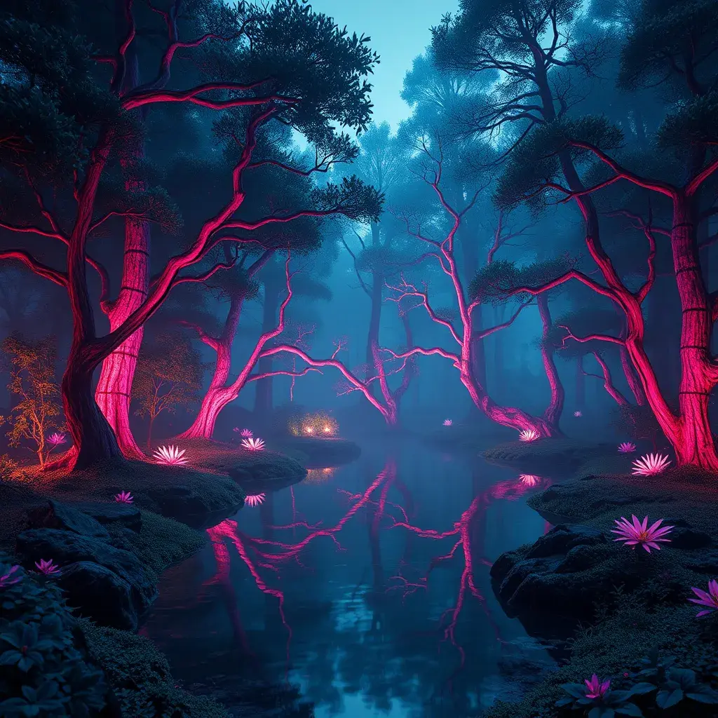 A magical pond in a fantasy forest with glowing pink trees at night, 4k, HQ, Intricate, Artstation, Cinematic Lighting, Photo Realistic, Sharp Focus, Unreal Engine, Dark