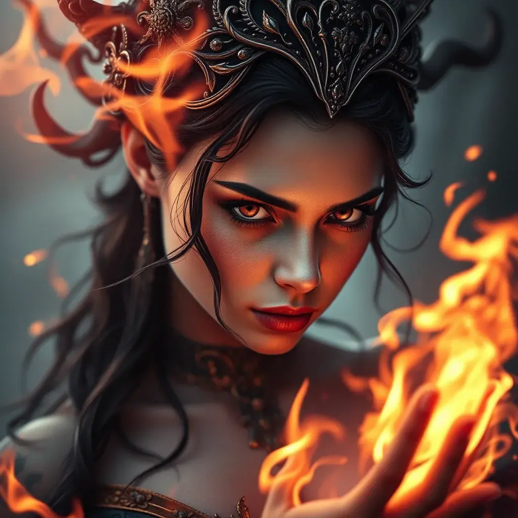 Alluring highly detailed matte portrait of a beautiful fire sorceress in the style of Stefan Kostic, 8k, High Definition, Highly Detailed, Intricate, Half Body, Realistic, Sharp Focus, Fantasy, Elegant