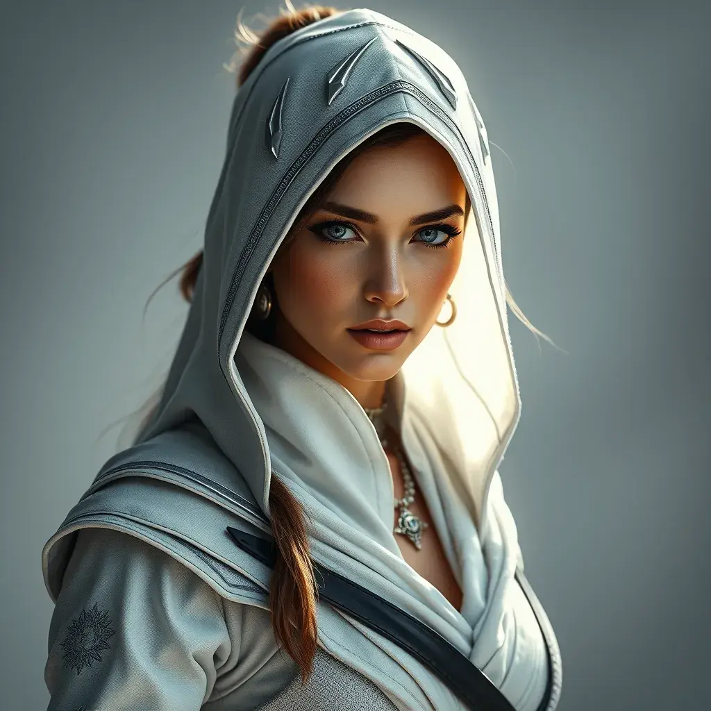 Alluring matte portrait of a beautiful Kassandra in white Assassin's Creed style, 8k, Highly Detailed, Intricate, Half Body, Realistic, Sharp Focus, Volumetric Lighting, Fantasy, Elegant