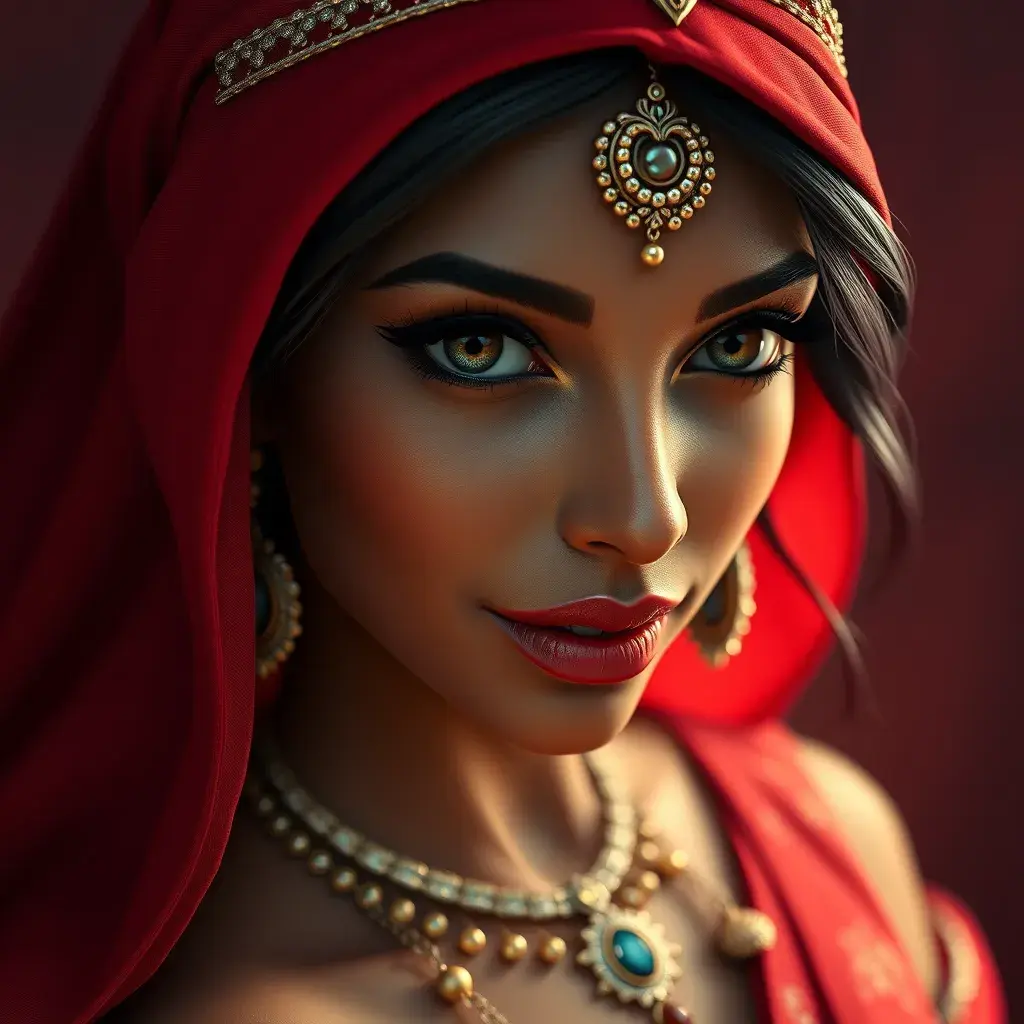 Matte portrait of the beautiful Princess Jasmine in dark red, 8k, Highly Detailed, Intricate, Realistic, Sharp Focus, Volumetric Lighting, Fantasy, Elegant by Stanley Artgerm Lau, Alphonse Mucha, WLOP, Stefan Kostic