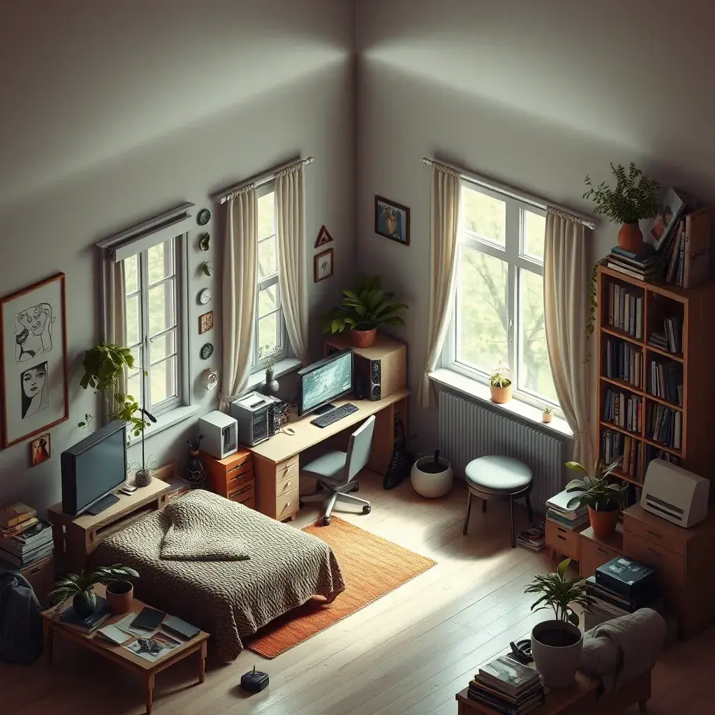 isometric render, messy nostalgic bedroom with a gaming pc, windows, plants bookshelves, desk, 8k, Behance, Dynamic Lighting, Concept Art, 3D art, Muted