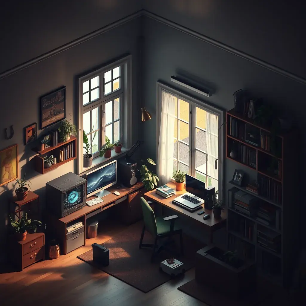 isometric render, messy nostalgic bedroom with a gaming pc, windows, plants bookshelves, desk, 8k, Behance, Dynamic Lighting, Concept Art, 3D art, Muted