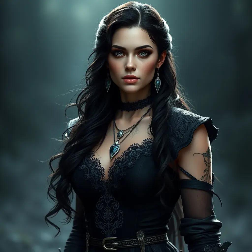 Alluring full body portrait of a beautiful Yennefer in Witcher 3 style in black, 8k, Highly Detailed, Intricate, Photo Realistic, Sharp Focus, Volumetric Lighting, Fantasy, Elegant