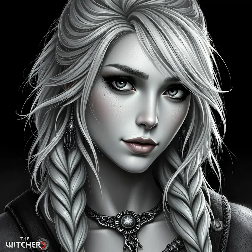 Black & White portrait of a beautiful Ciri from the Witcher 3, Highly Detailed, Beautiful, Elegant