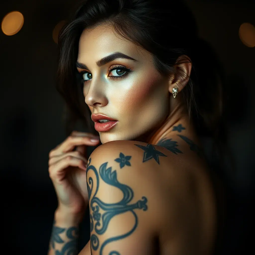 A half body portrait of a beautiful Irina Shayk with tattoos, Alluring, Half Body, Bokeh effect, Photo Realistic, Sharp Focus, Volumetric Lighting