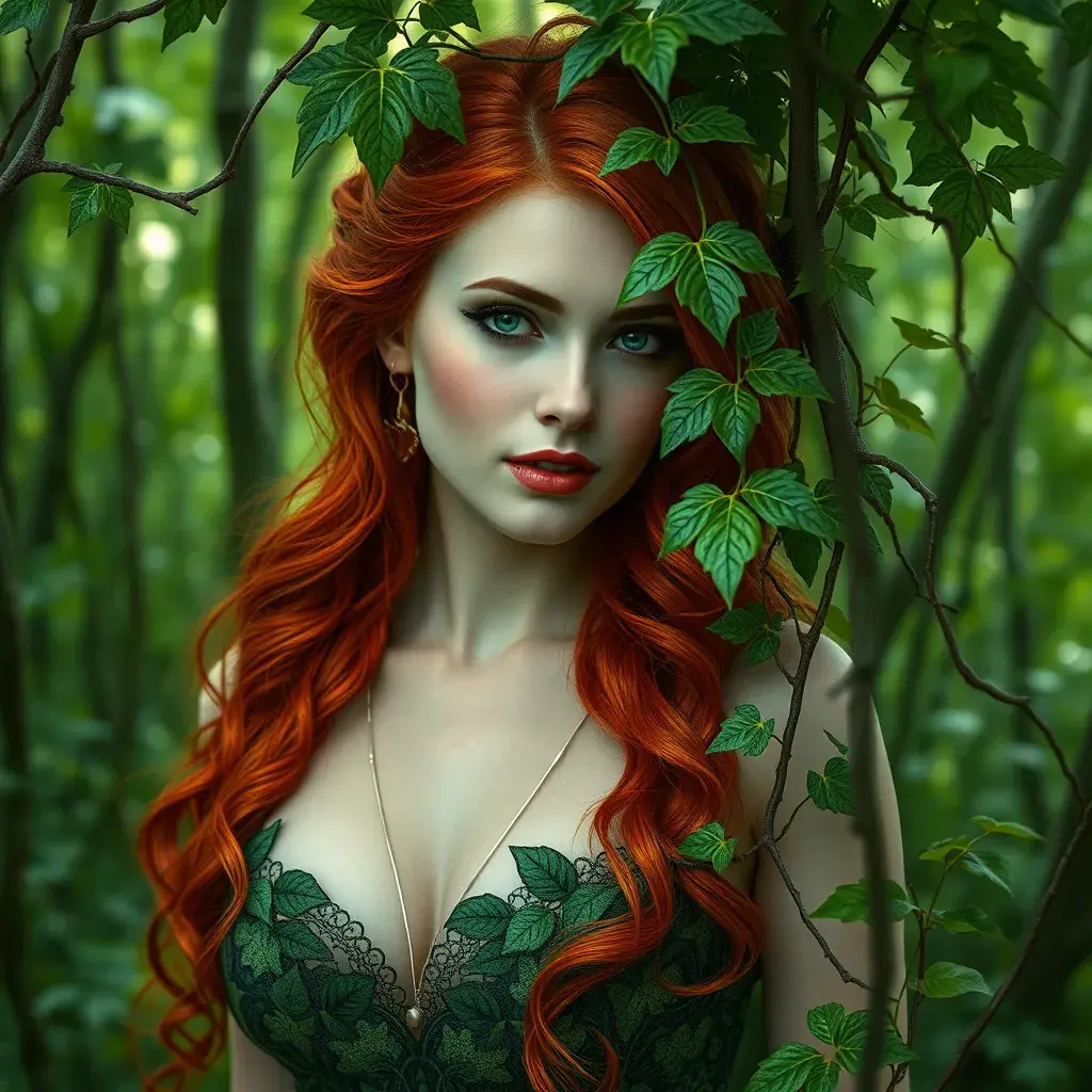 An beautiful red headed Poison Ivy in a magical green forest, Intricate, Half Body, Photo Realistic