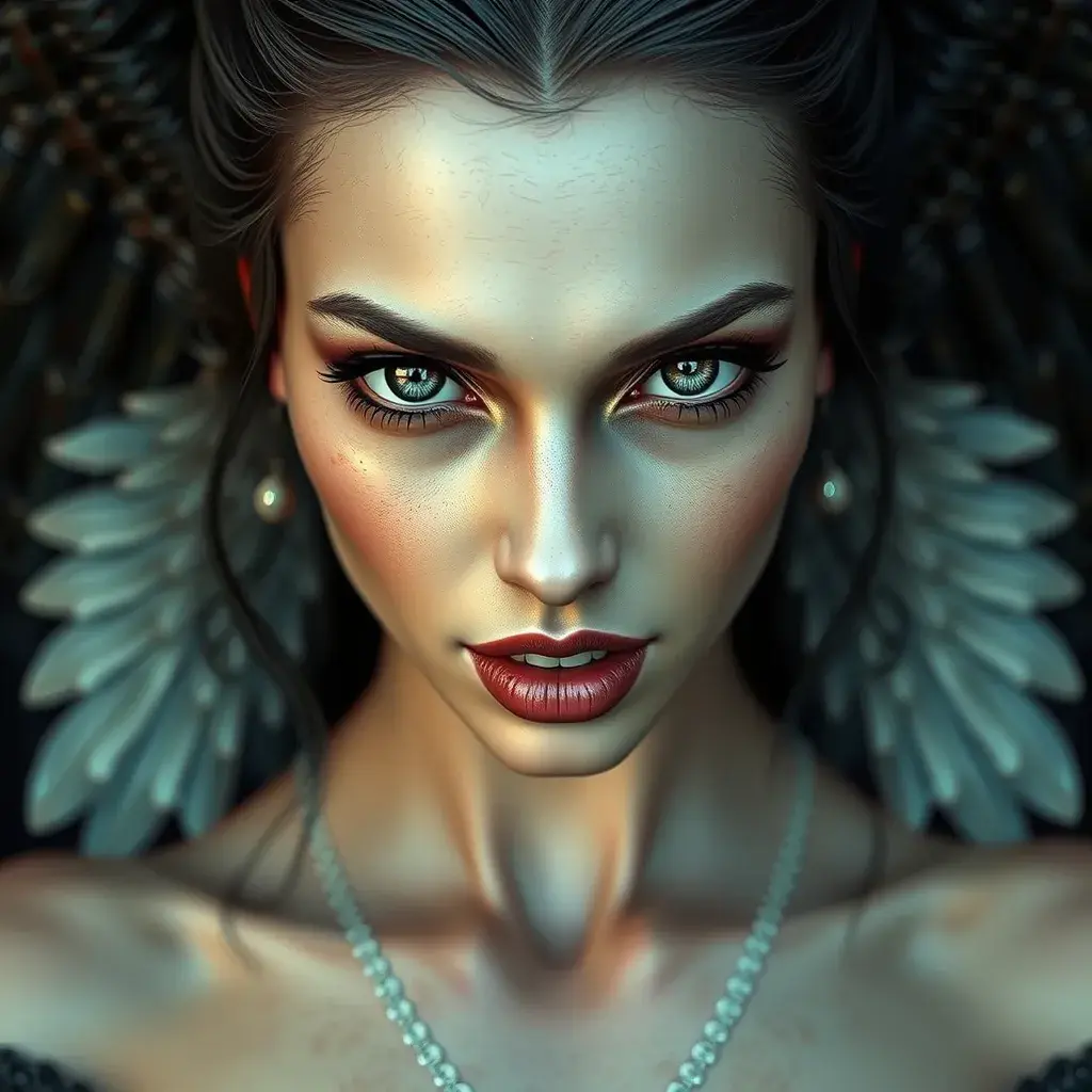 A beautiful winged romanian vampire woman with penetrating eyes, fangs, perfect face, 8k, Hyper Detailed, Intricate Details, Masterpiece, Contemporary, Full Body, Trending on Artstation, Gothic, Deviantart, Concept Art by Stefan Kostic