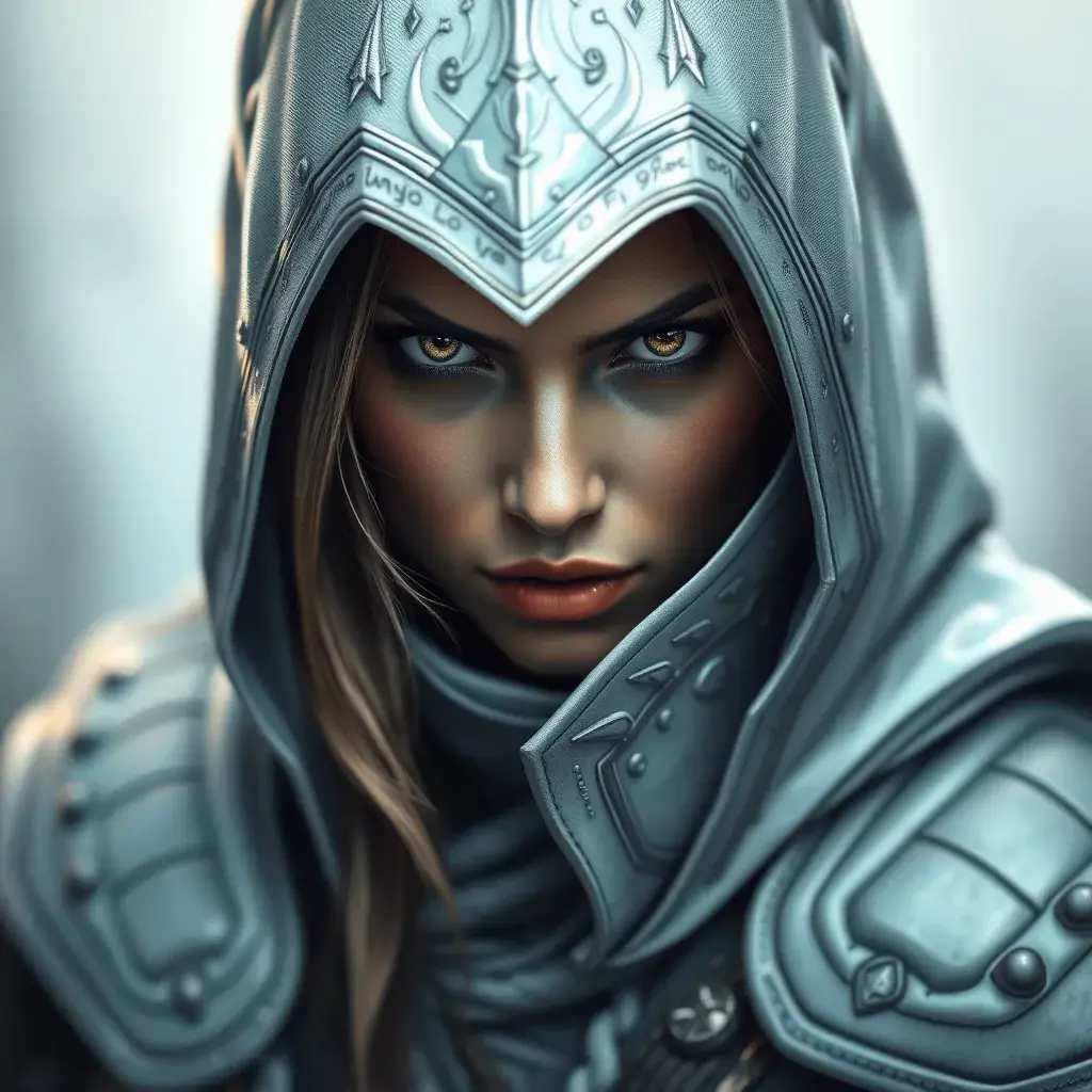 Alluring matte portrait of a fierce looking Kassandra in white Assassin's Creed armor, 8k, Highly Detailed, Intricate, Half Body, Realistic, Sharp Focus, Volumetric Lighting, Fantasy, Elegant by Stanley Artgerm Lau, Alphonse Mucha, WLOP