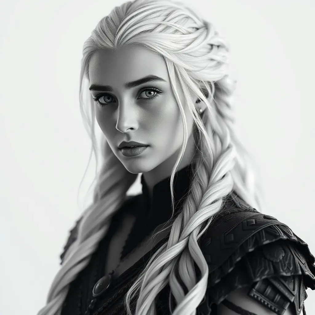 Alluring black and white matte portrait of a beautiful Daenerys Targaryen with a white background, 8k, Highly Detailed, Intricate, Half Body, Realistic, Sharp Focus, Volumetric Lighting, Fantasy, Elegant by Stanley Artgerm Lau