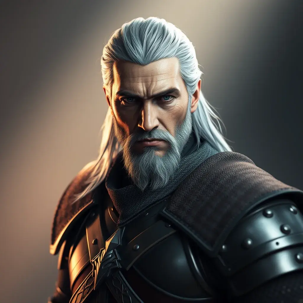 A half body matte portrait of a content Geralt in The Witcher 3 style armor, 4k, Highly Detailed, Beautiful, Cinematic Lighting, Sharp Focus, Volumetric Lighting, Closeup Portrait, Concept Art by Stefan Kostic