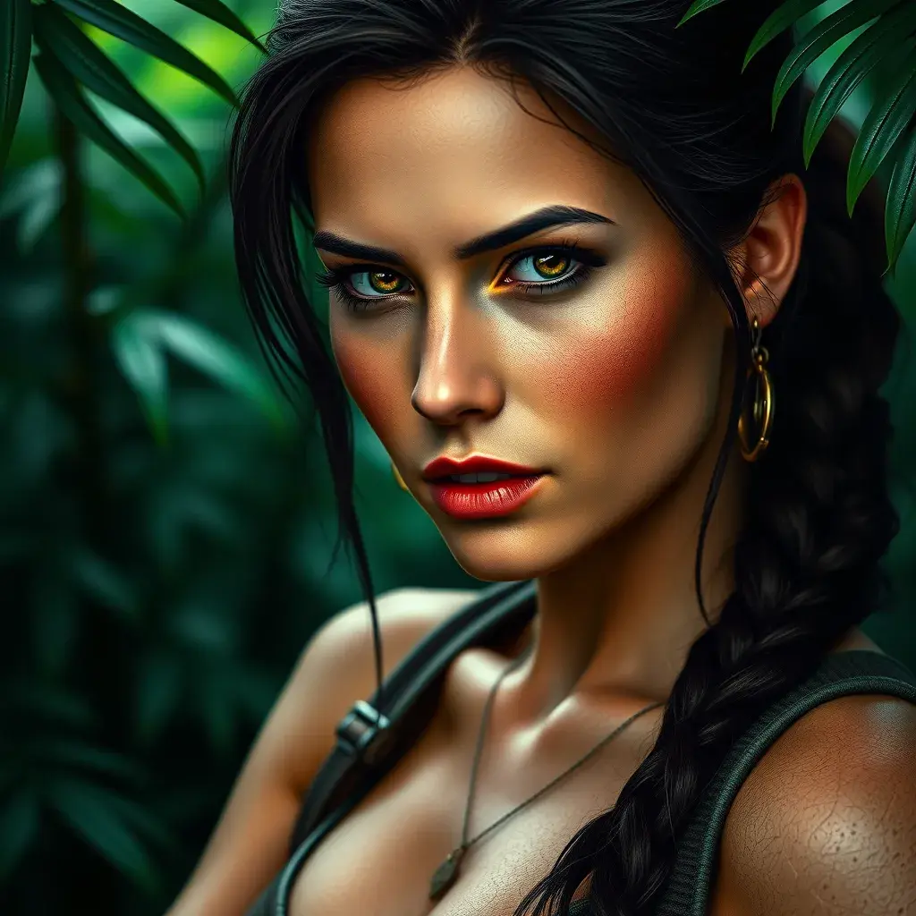 Matte portrait of the beautiful Lara Croft in a green jungle, 8k, Highly Detailed, Intricate, Realistic, Sharp Focus, Volumetric Lighting, Fantasy, Elegant by Stanley Artgerm Lau, WLOP, Stefan Kostic