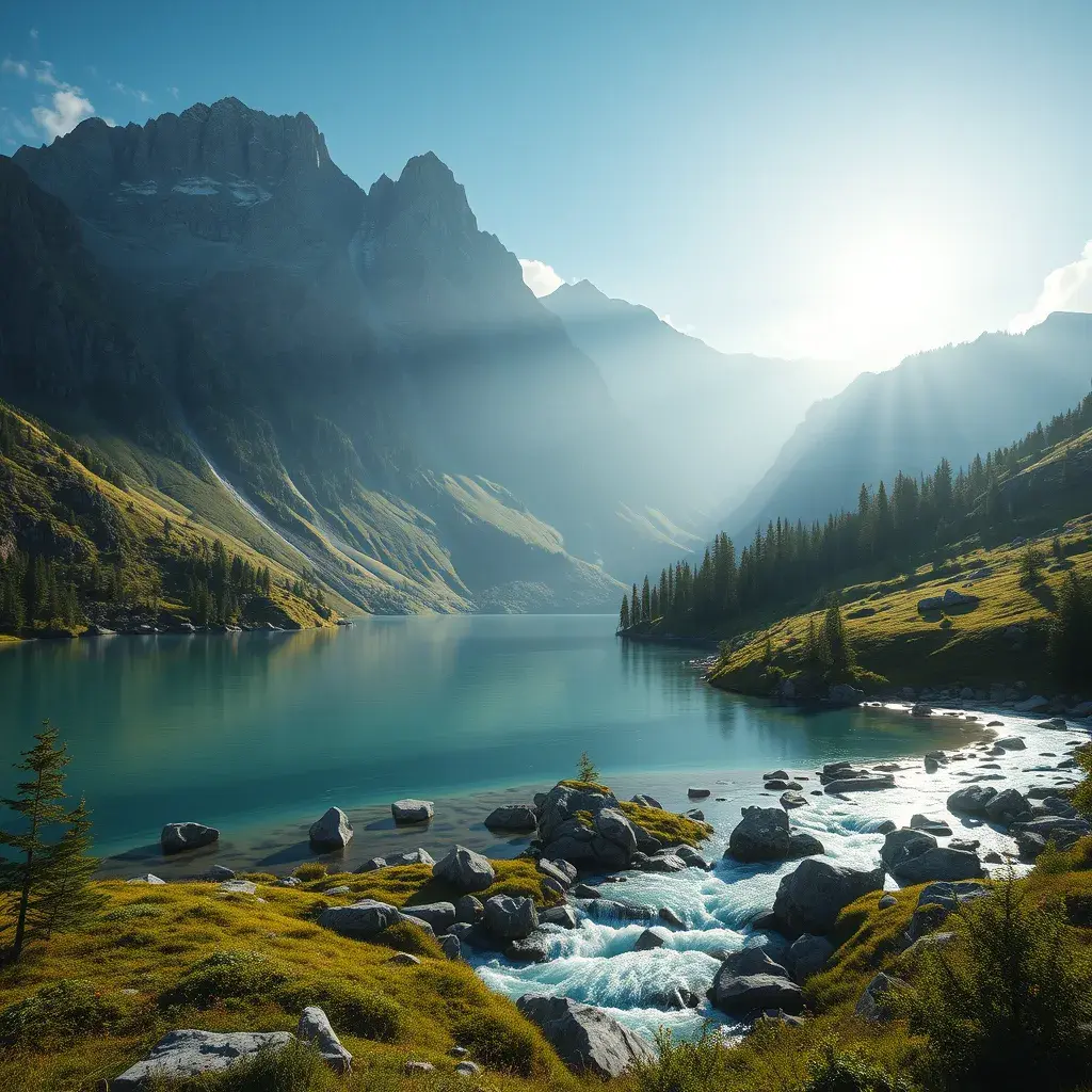 Lake in mountains streams and rivers flow down slopes of mountains and rocks into the valley spring in mountains, 8k, Award-Winning, Highly Detailed, Beautiful, Octane Render, Unreal Engine, Radiant, Volumetric Lighting by Greg Rutkowski