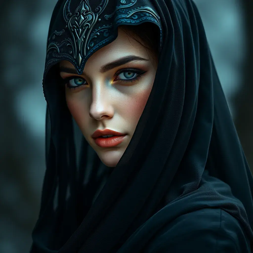 Alluring matte portrait of a beautiful veiled Nidalee wearing a black veil, 8k, Highly Detailed, Intricate, Half Body, Realistic, Sharp Focus, Volumetric Lighting, Fantasy, Elegant by Stanley Artgerm Lau, Alphonse Mucha, WLOP