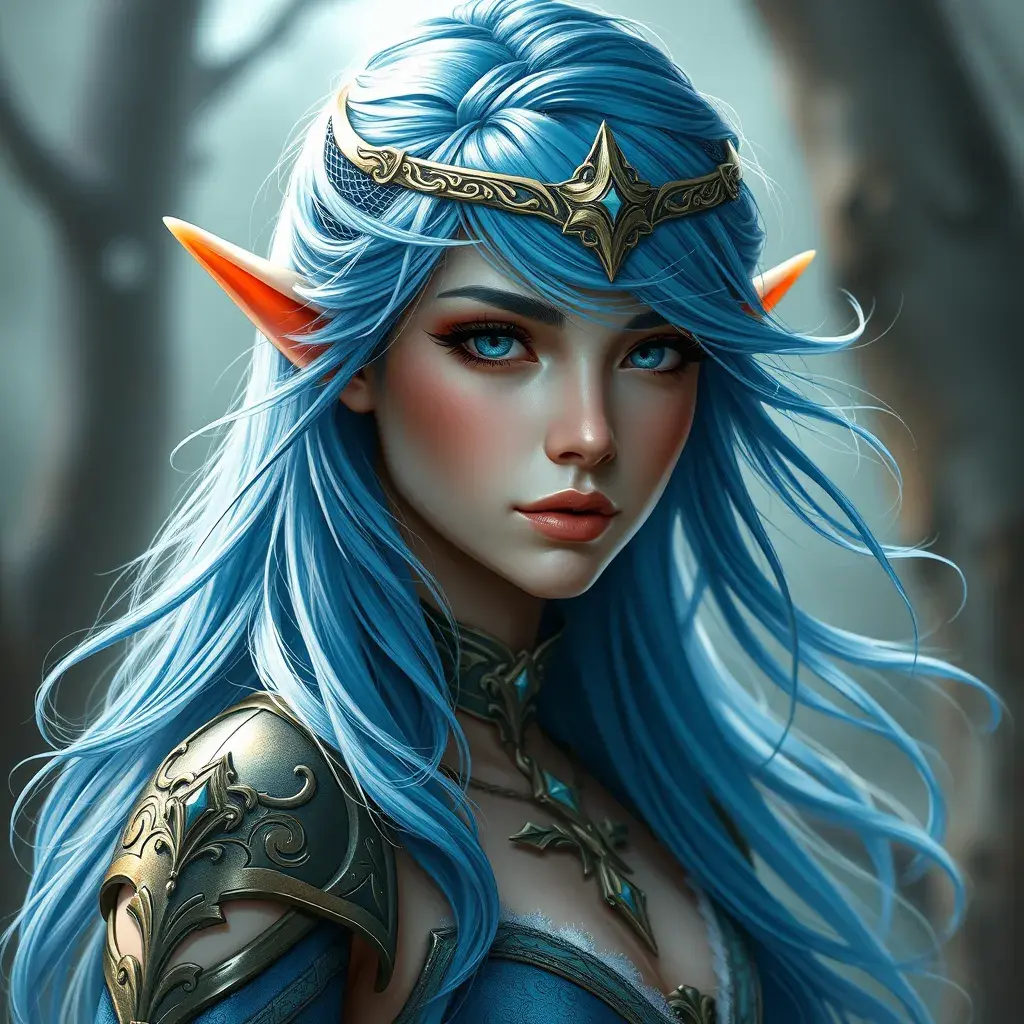 D&D concept art of gorgeous elven woman with blue hair in the style of Stefan Kostic, 8k, High Definition, Highly Detailed, Intricate, Half Body, Realistic, Sharp Focus, Fantasy, Elegant by Stanley Artgerm Lau, Luis Ricardo Falero