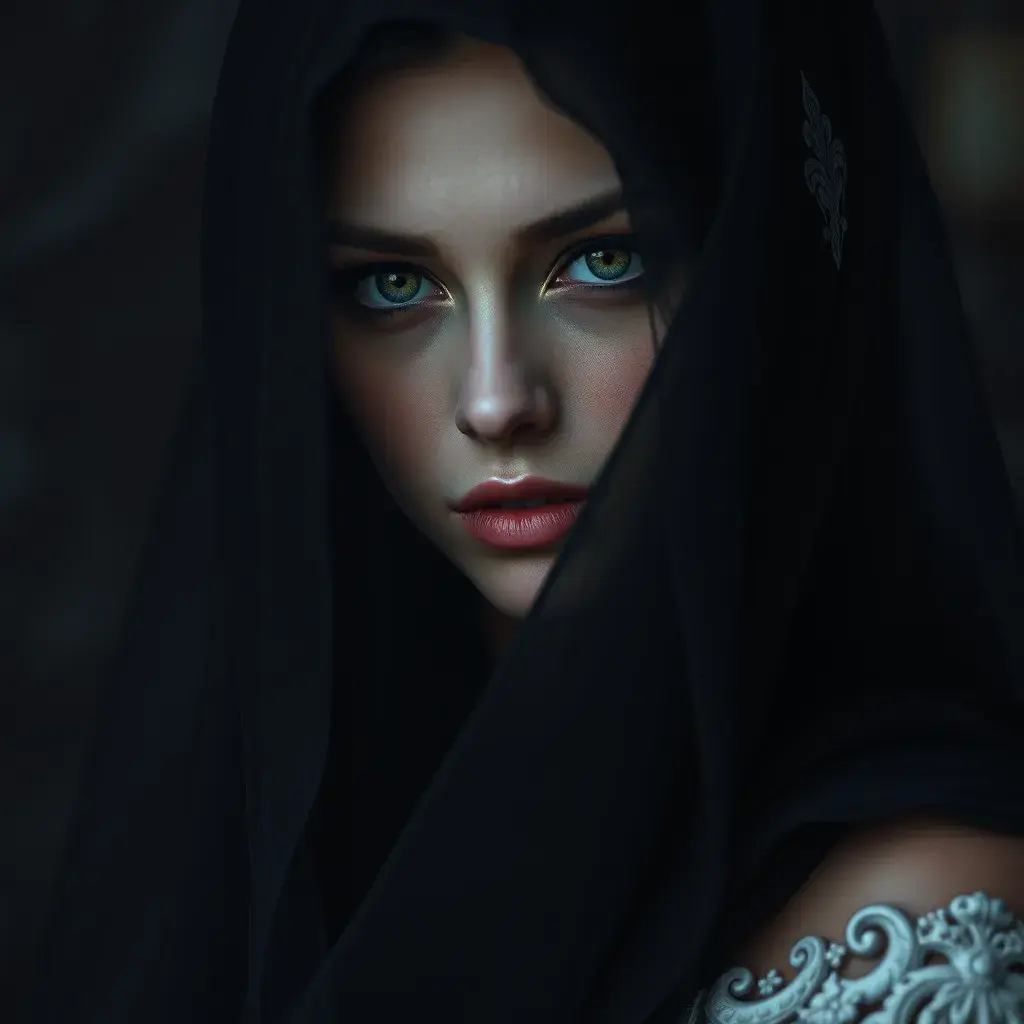 Alluring matte portrait of a beautiful veiled Yennefer wearing a black veil with long straight hair, 8k, Highly Detailed, Intricate, Half Body, Realistic, Sharp Focus, Volumetric Lighting, Fantasy, Elegant