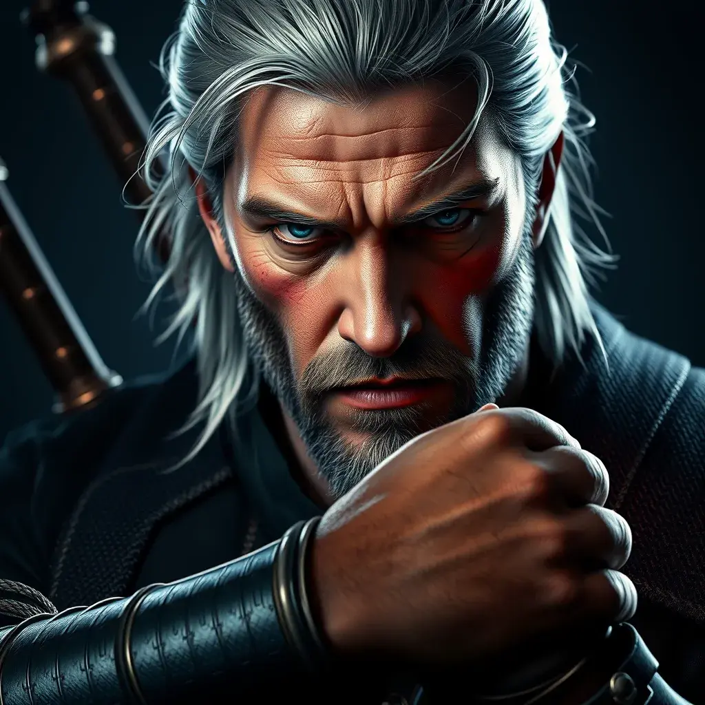 An armed Geralt in The Witcher 3 style, 4k, Highly Detailed, Beautiful, Cinematic Lighting, Sharp Focus, Volumetric Lighting, Closeup Portrait, Concept Art