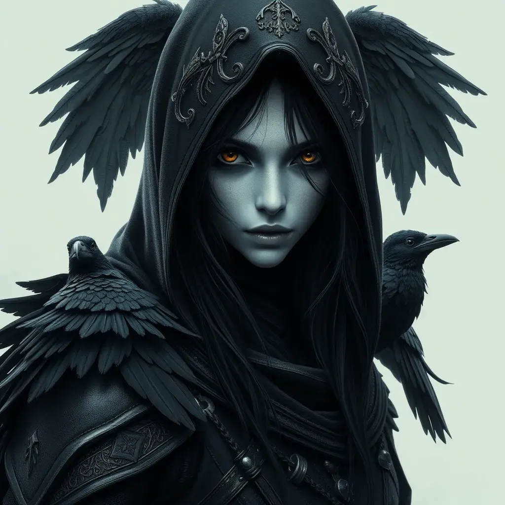 Intricate portrait of a horrifying pale assassin dusk elf, black hair, black eyes, fully covering black hooded armor, ravens, 8k, Gothic and Fantasy, Beautiful, Sci-Fi, Photo Realistic