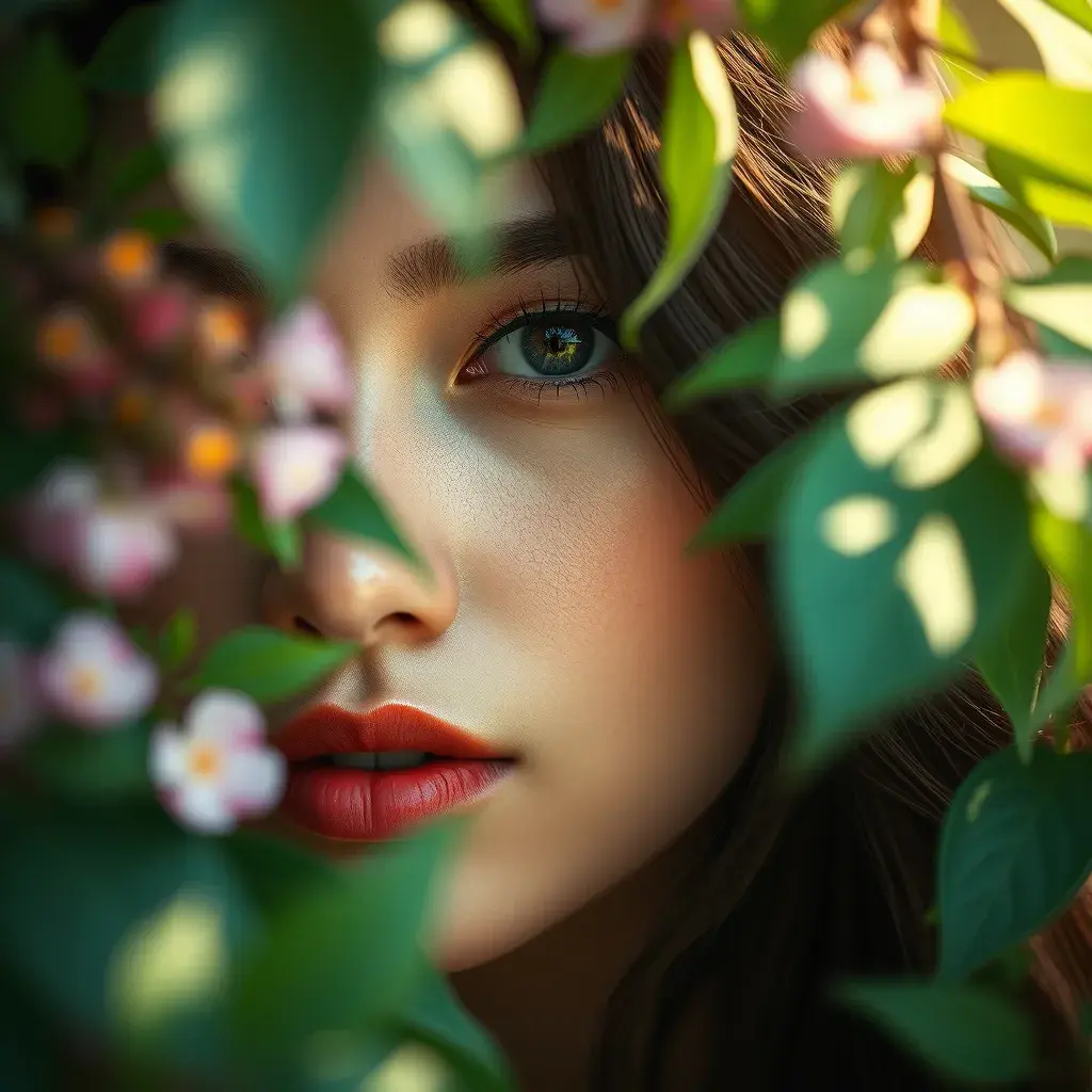 Closeup of a gorgeous female in foliage and the style of stefan kostic, 8k, High Definition, Digital Illustration, Bokeh effect, Photo Realistic, Sharp Focus by Stanley Artgerm Lau